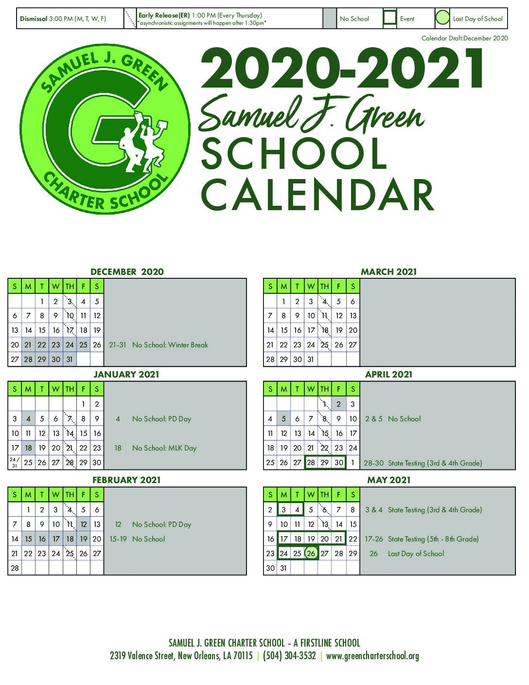 Green Calendar Firstline Schools